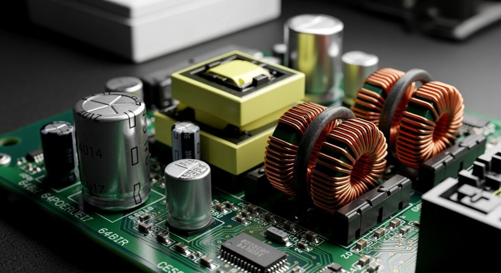 A close-up shot showcasing various electronic components such as capacitors, inductors, and transformers mounted on a green circuit board.