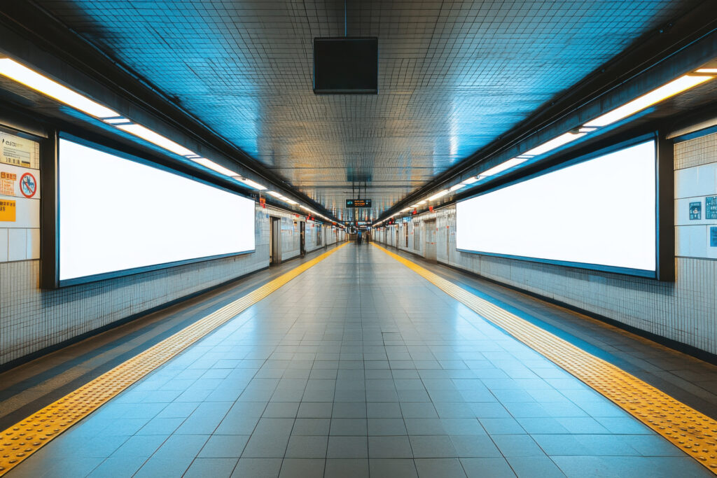 Empty subway platform with blank advertising billboards. Perspective view of tiled floor and textured walls in an underground train station with lights.