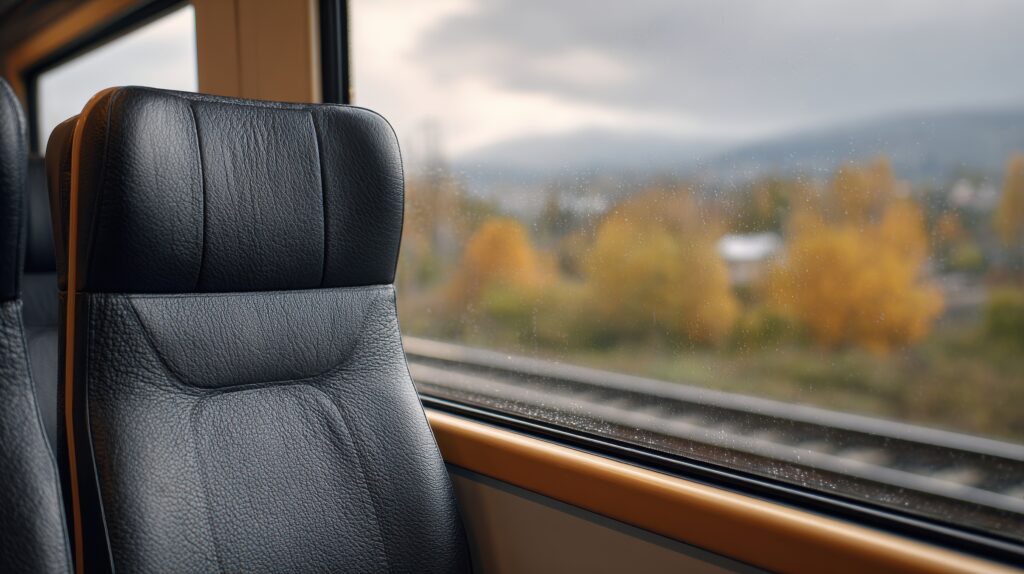 Train Seat With Scenic Autumn View Through Window. Comfortable Travel Experience With Nature'S Beauty.
