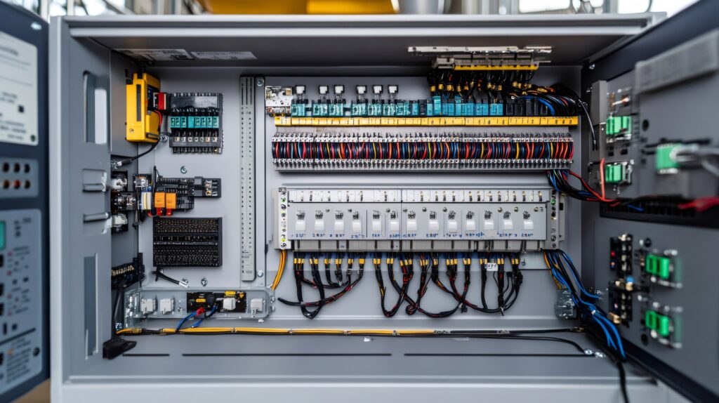 Electrical cabinet revealing intricate wiring, circuit breakers, and various electrical components