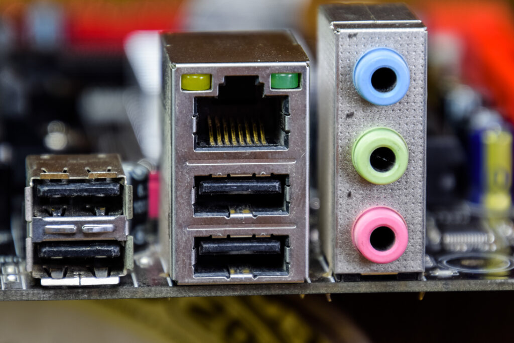 input and audio inputs Electronic board with electrical components. Electronics of computer equipment.