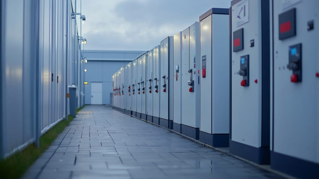 Numerous electrical cabinets stand in a row along a paved walkway outside a building, illuminated by the fading light of dusk