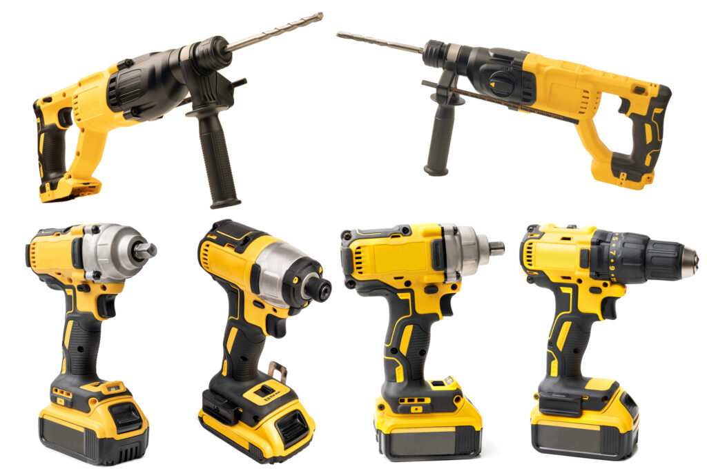 Power tool set , Cordless hammer drill with Depth Gauge , Electric Screwdriver Cordless Drill   Brushless Motor Impact Driver with battery on white background,  woodworking tools