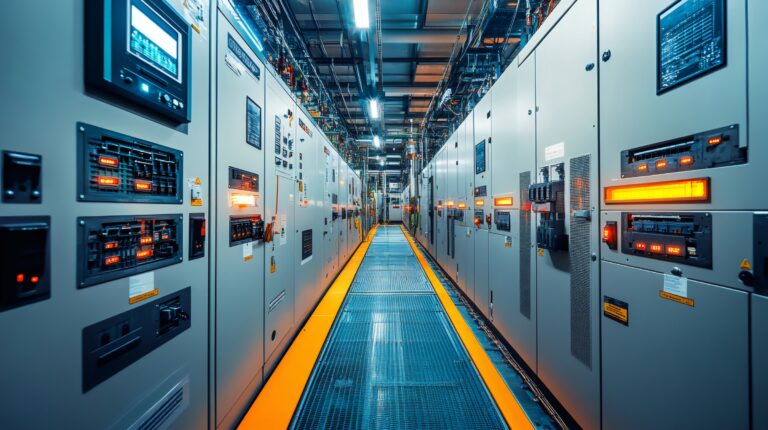 Illuminated panels and complex wiring dominate an electrical control room, showcasing power distribution infrastructure