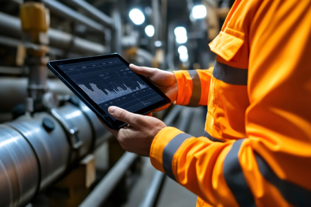 Industrial engineer wearing high visibility clothing holding tablet and analyzing production data in factory