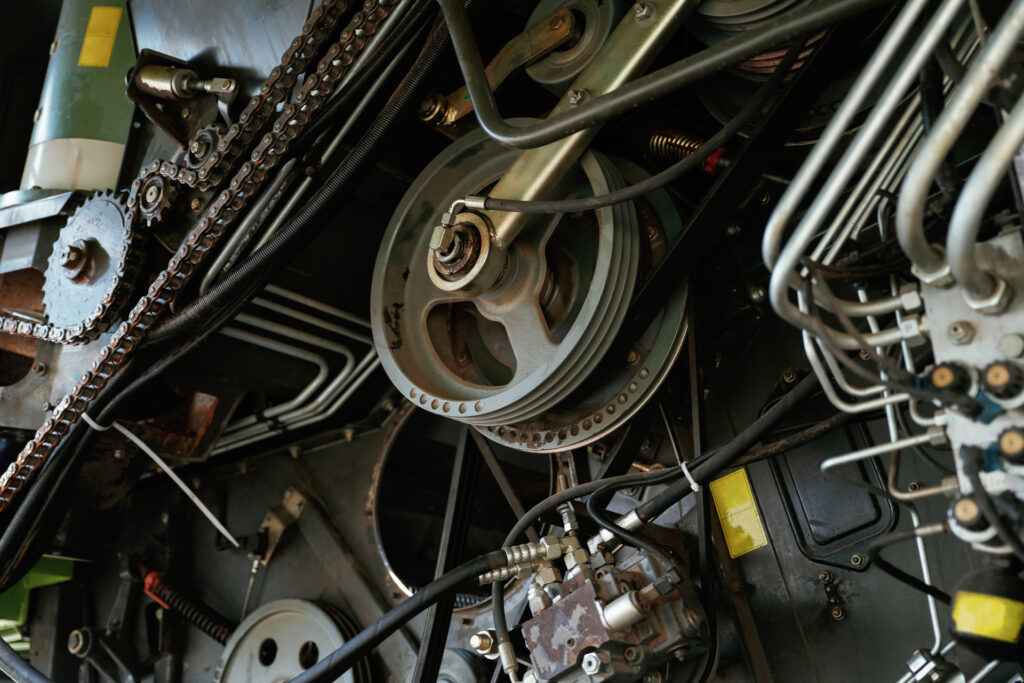 Close-up view of complex industrial machinery and equipment.