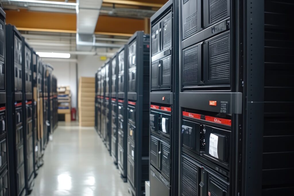 Multiple server racks storing essential data are processing information within a state-of-the-art data center