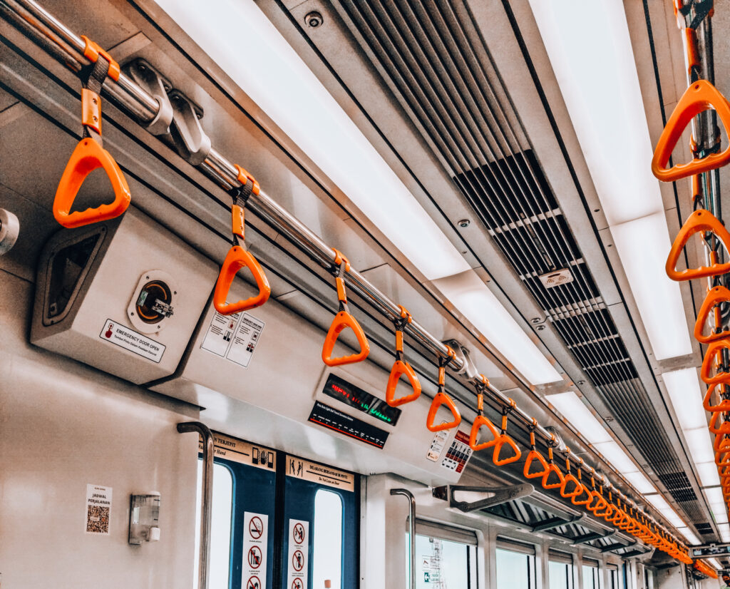 Interior of MRT Jakarta train car, empty train wagon in the covid-19 pandemic