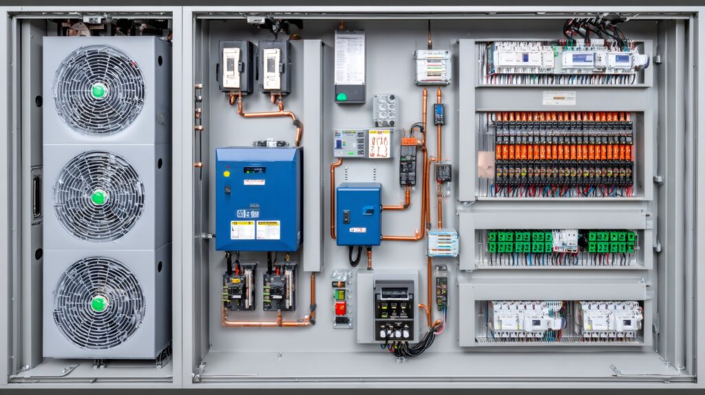 Open industrial electrical panel showcasing cooling fans, copper pipes, circuit breakers, and various electrical components